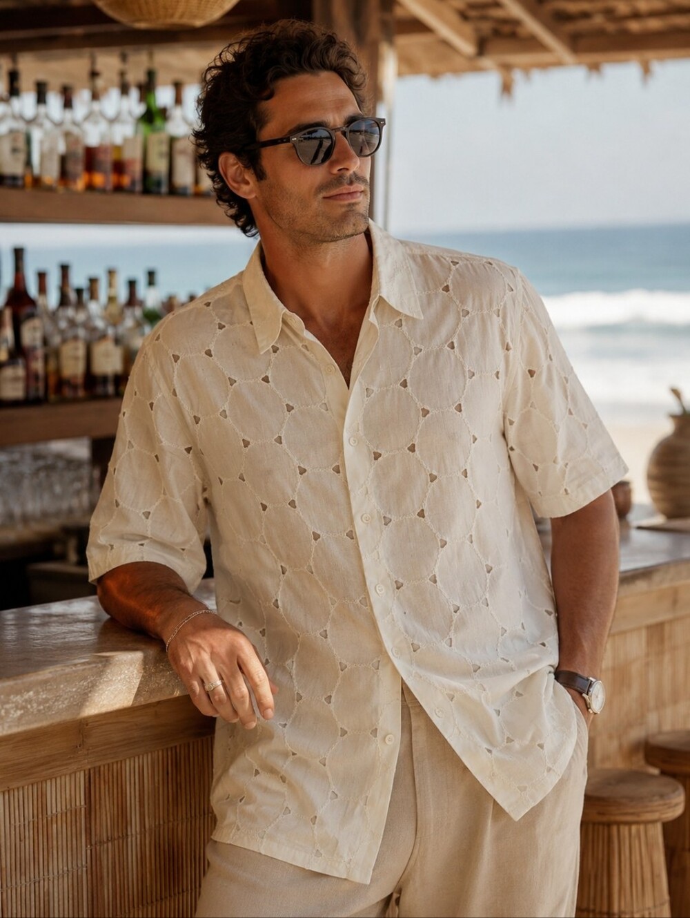 Vintage Creme De Silk Mens 3X Embroidered Linen Blend Camp Resort Shirt Ivory